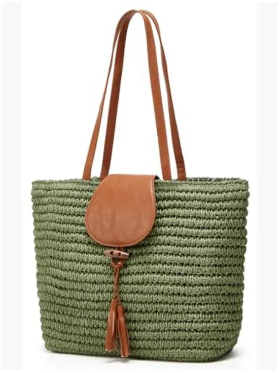 Hand-woven Straw Shoulder Bag Large Woven Beach Tote Purse with Tassel - Picture 4 of 7